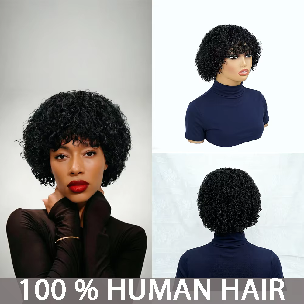 Perruque en cheveux humains noirs bouclés crépus avec frange, densité 180%, fabriquée à la machine, bonnet respirant, aspect naturel pour femmes, usage quotidien décontracté