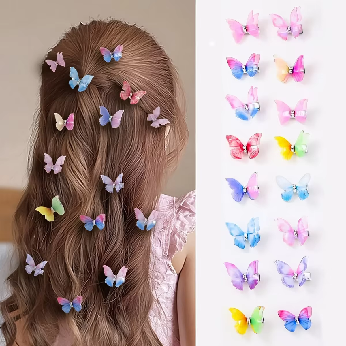 6/8/12 pièces, couleurs variées. Barrettes à cheveux papillon à double couche dégradées pour femmes. Ensemble d'accessoires quotidiens mignons sur le thème des princesses.