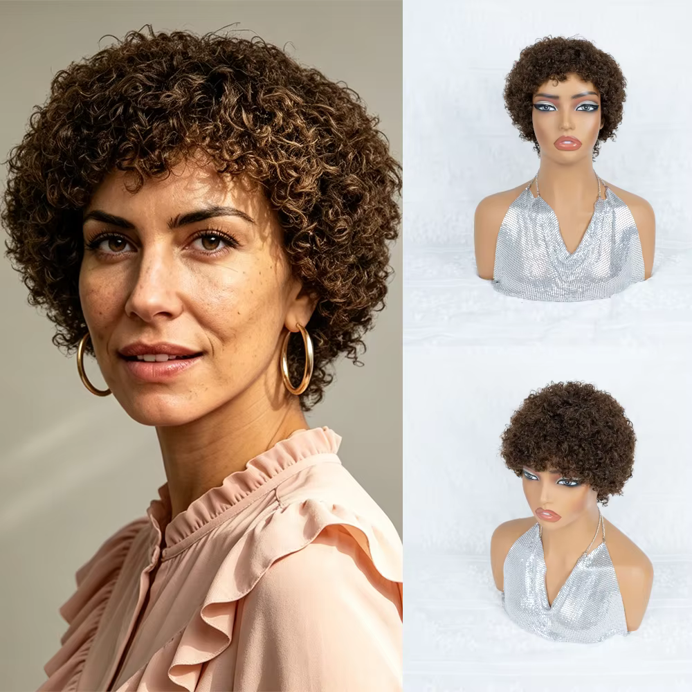 Perruque courte bouclée afro brune naturelle 100% cheveux humains 4A