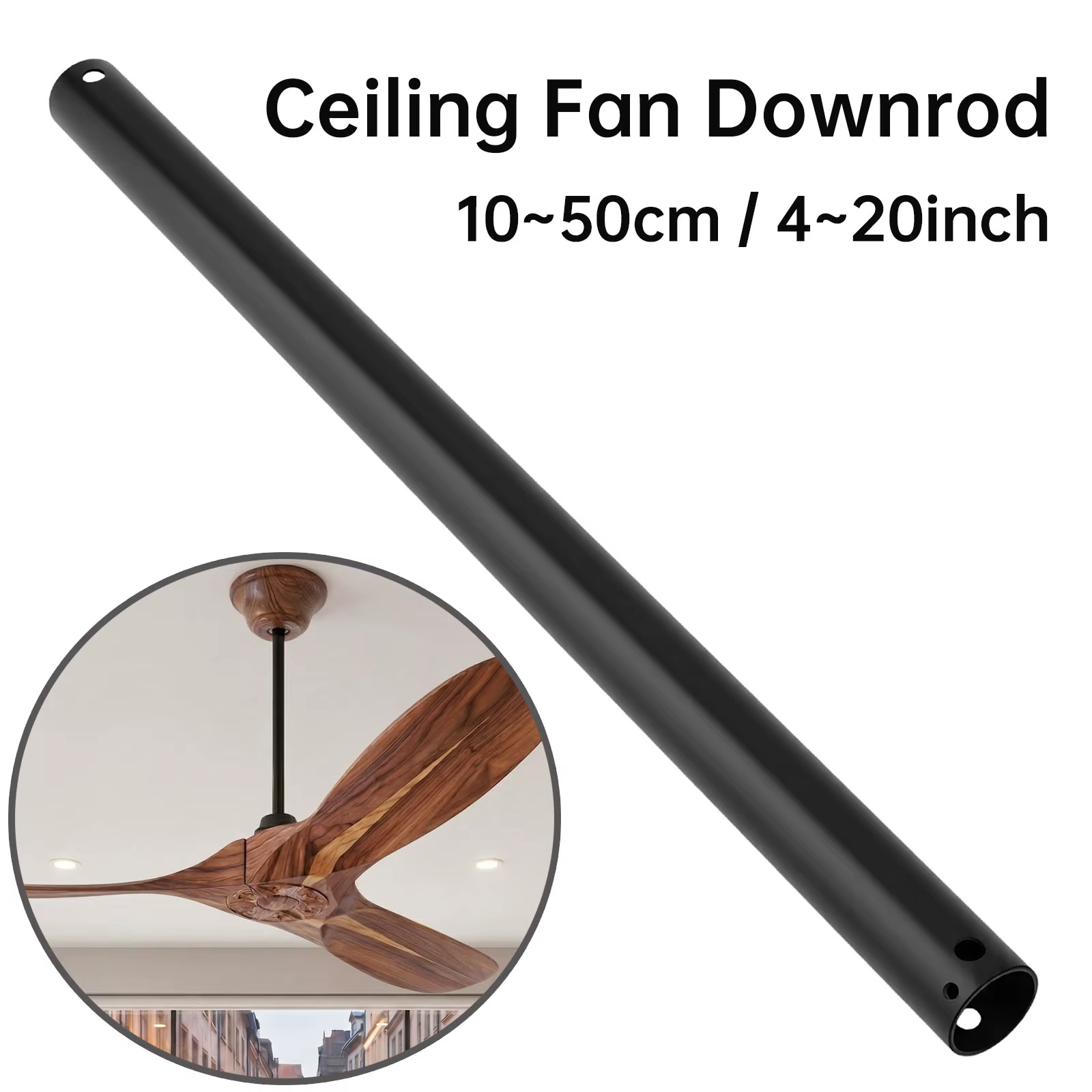 Tige de suspension pour ventilateur de plafond de 10 cm à 50 cm, diamètre 1 pouce, noir mat, tige d'extension universelle pour ventilateurs de plafond