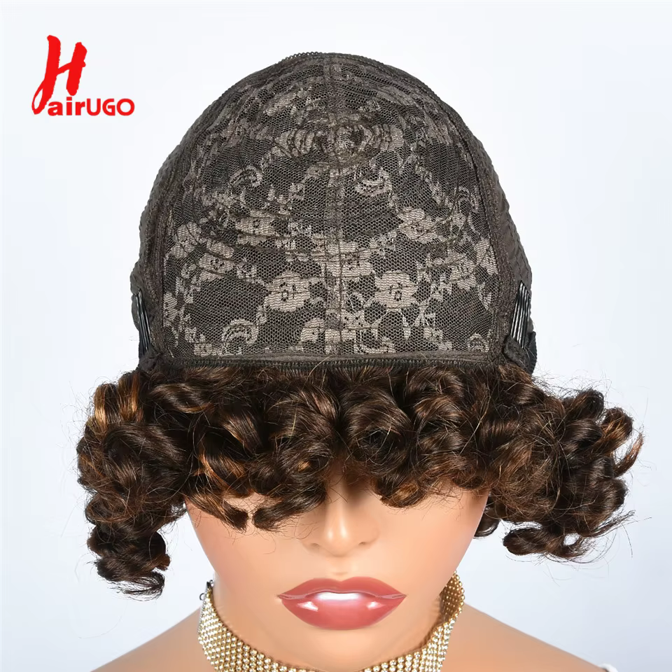 Hairugo-Perruque de Cheveux Humains Bouclés Coupe Pixie à Reflets