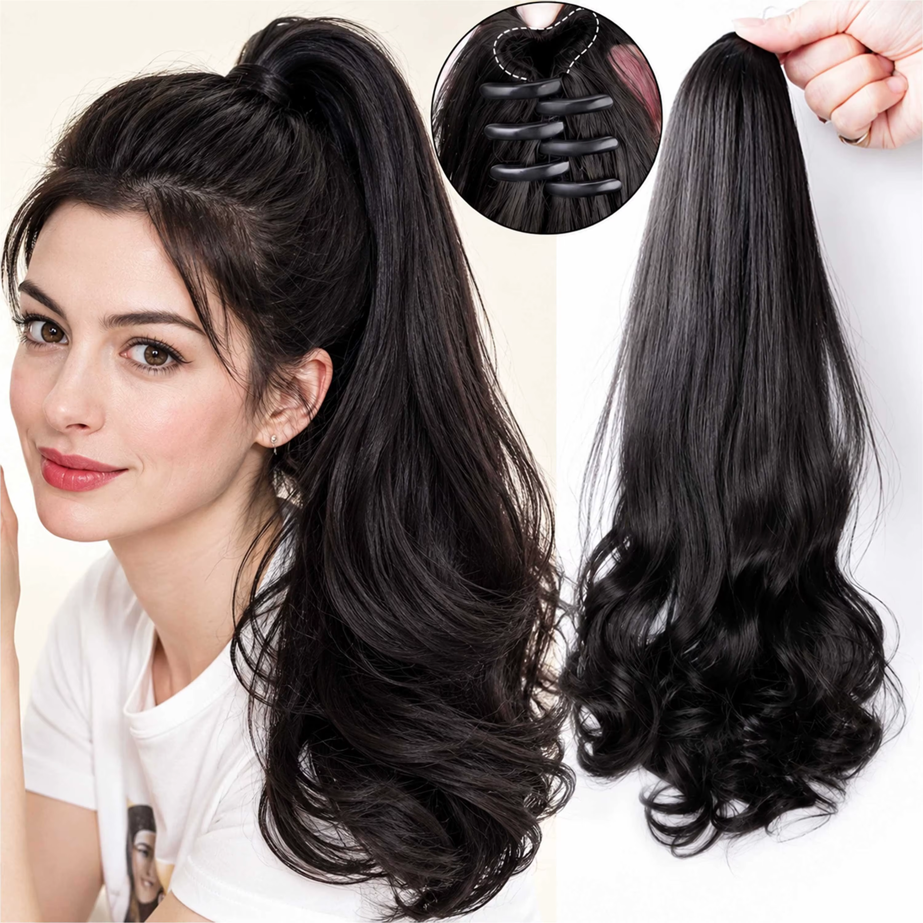 Extensions capillaires synthétiques longues et lisses à Clip pour queue de cheval