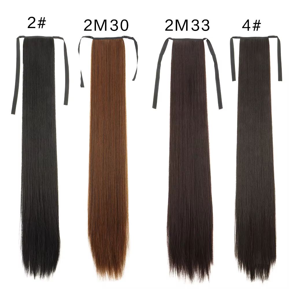 Perruque synthétique pour femme (18-34 pouces) Cheveux longs et raides avec accessoire de coiffure style queue de cheval à enrouler et à clipser