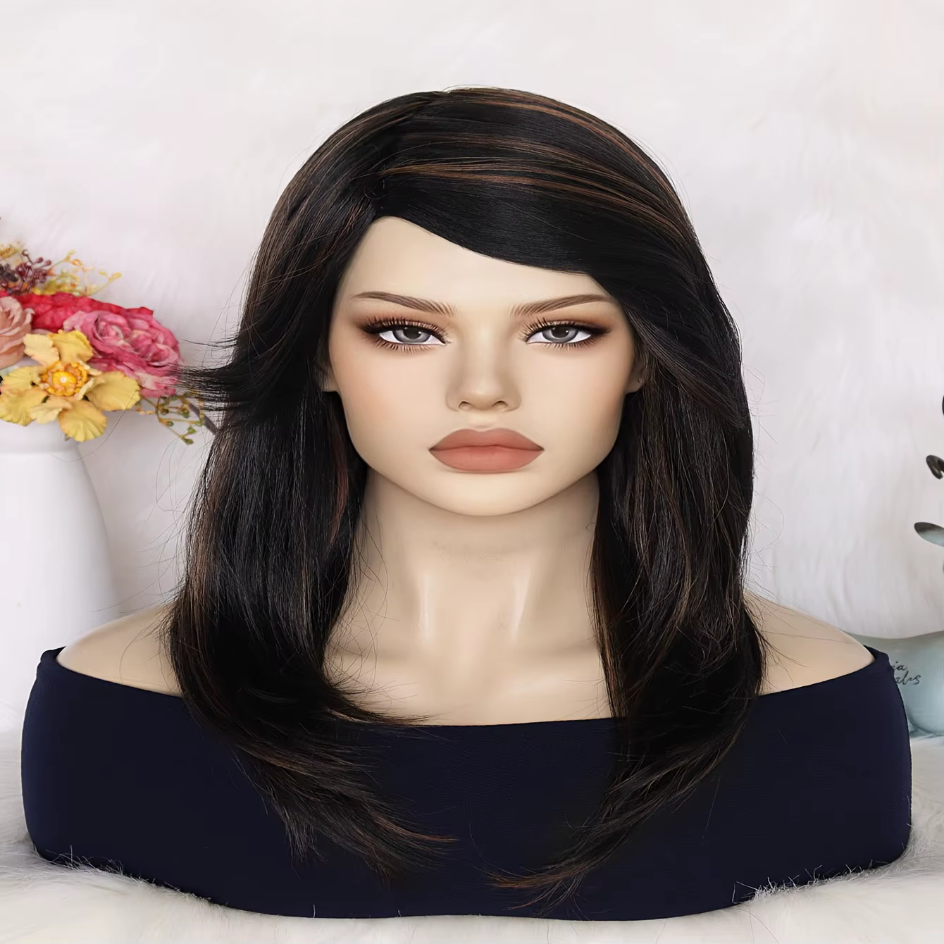  Perruque synthétique ondulée mi-longue pour femme avec frange latérale