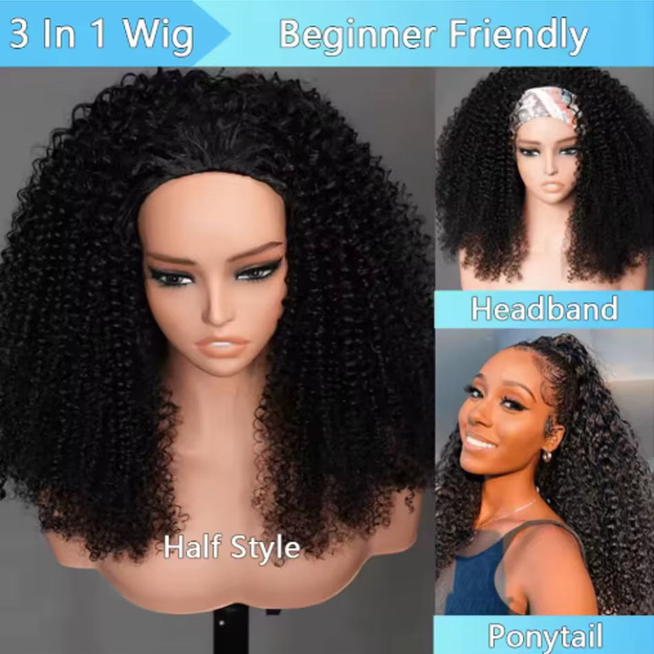 Perruque mi-tête bouclée crépue en cheveux humains