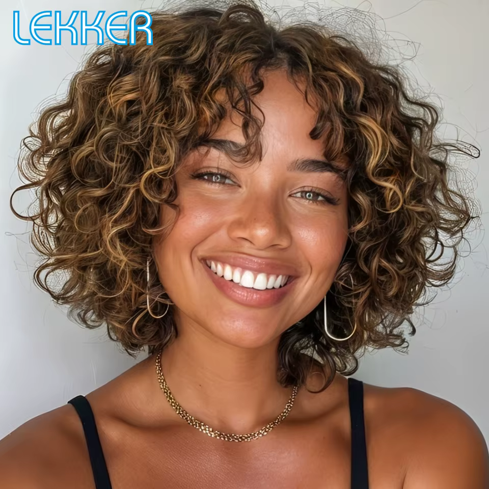 Lekker sans colle Blonde mettre en évidence court bouclés Bob partie centrale dentelle 100% perruques de cheveux