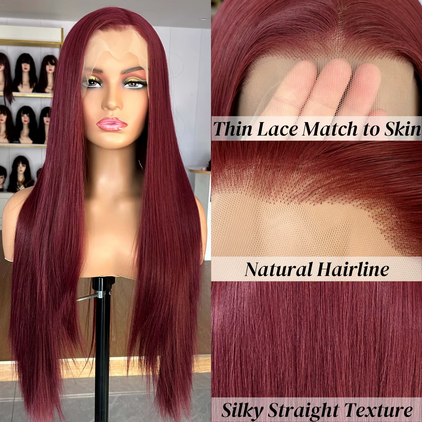 Perruque Lace Front Wig synthétique lisse et soyeuse-bordeaux