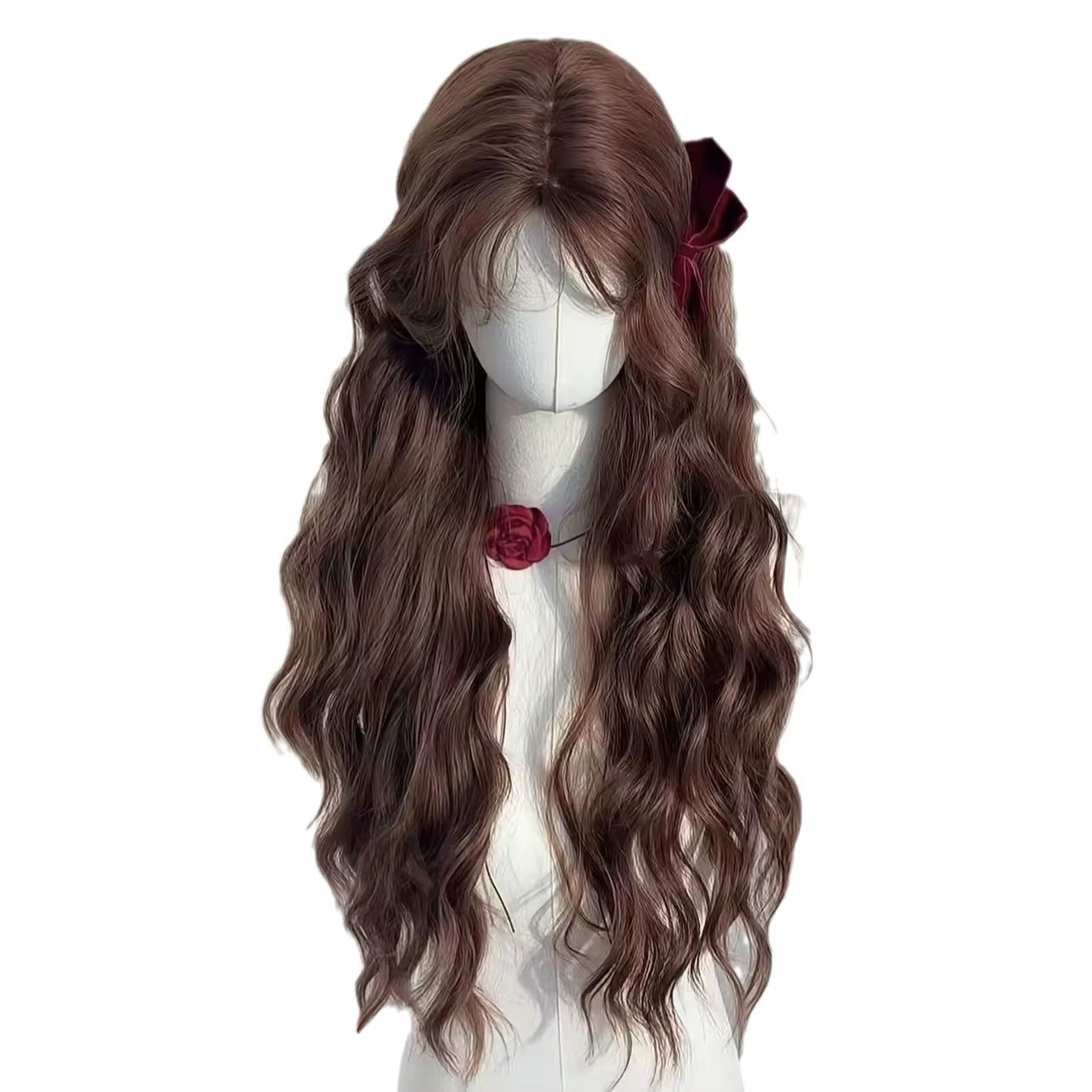 Perruque femme automne châtain marron laine rouleau paresseux tempérament longs cheveux bouclés simulation couverture complète de la tête