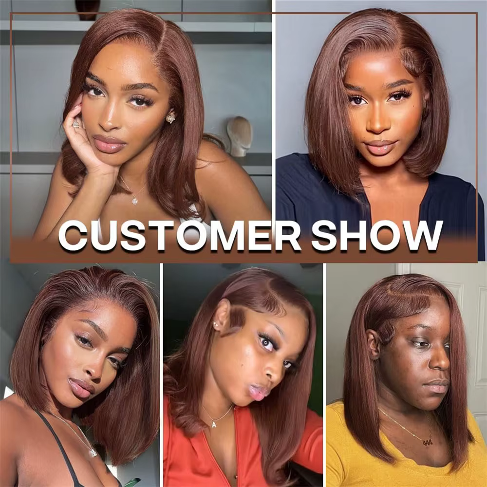 Perruque Lace Front 13x4 Bob Cheveux Humains Bruns Lisses Densité 180% Perruques Frontales en Dentelle Transparente Perr
