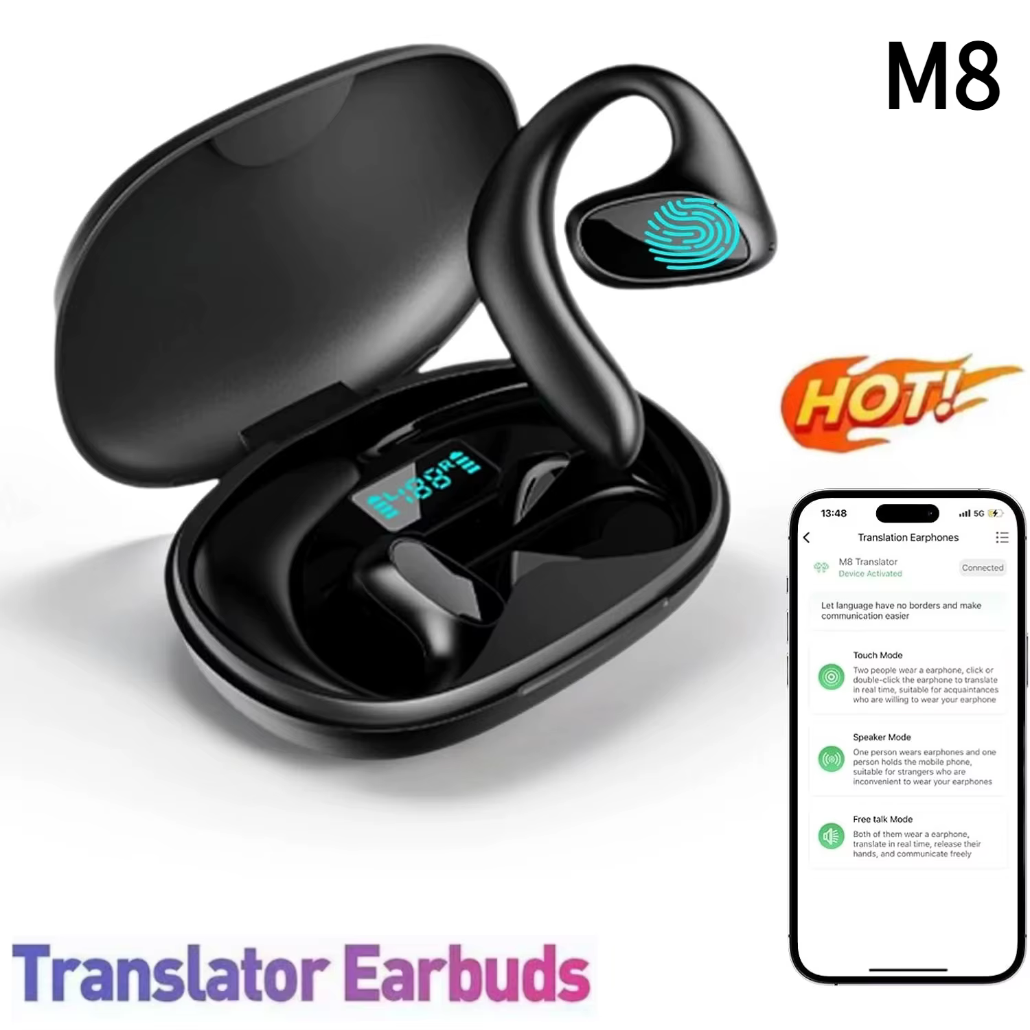 Écouteurs de traduction BT de langue M8, casque Bluetooth qui prend en charge la traduction en 144 langues, traduction en ligne ou hors ligne