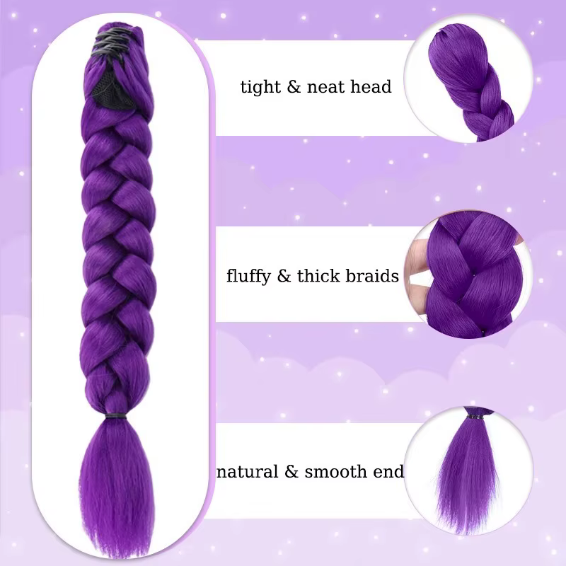 Extensions de queue de cheval tressée violette de 18 pouces avec pinces à cheveux dorées