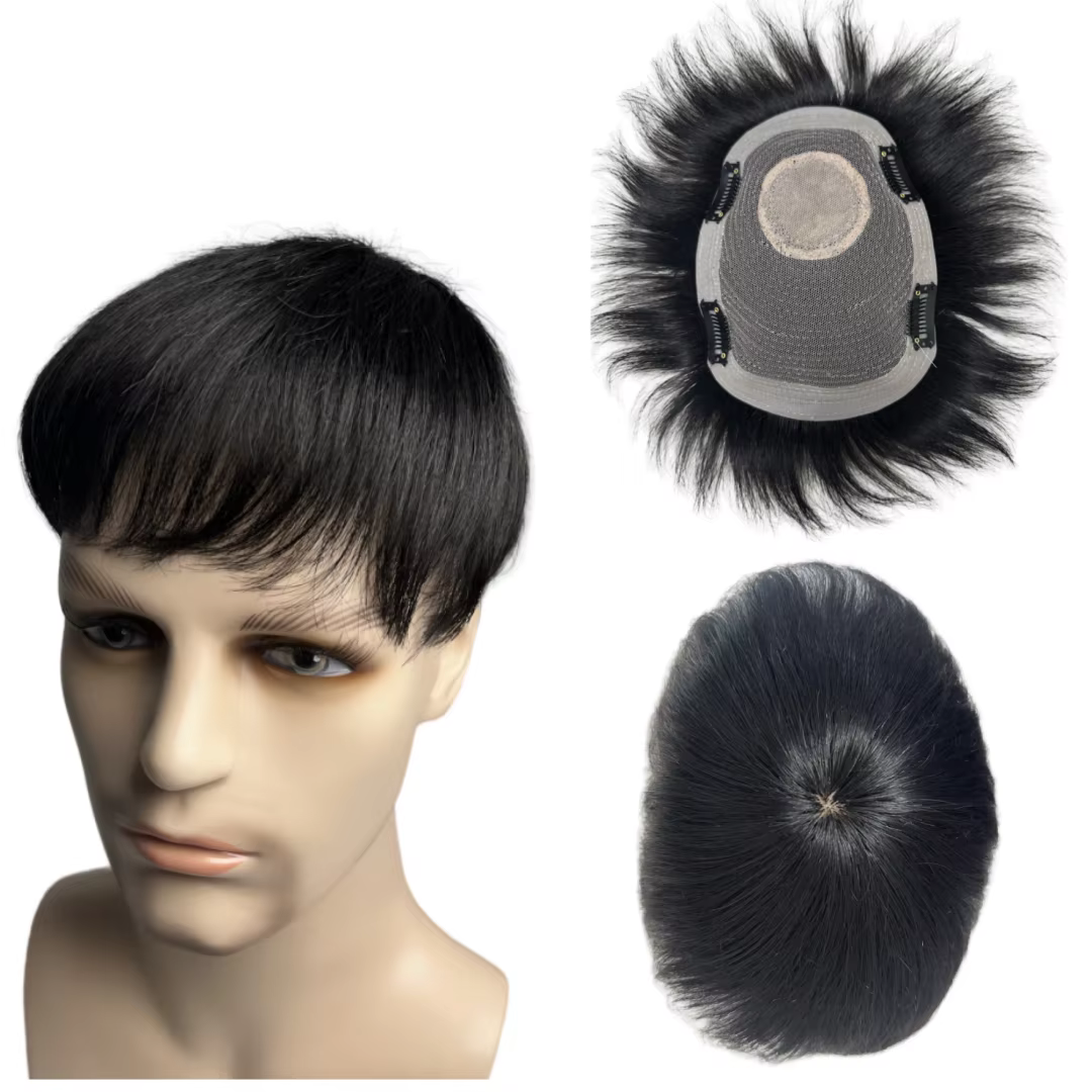 Toupet pour hommes avec Clips perruques masculines cheveux humains