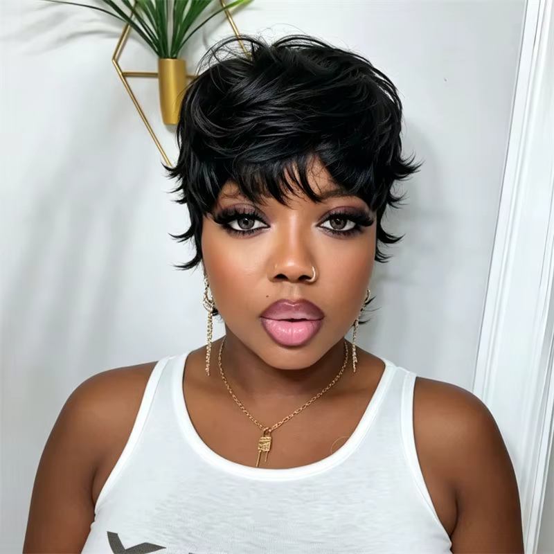 Perruque Mullet Pixie Cut noire naturelle