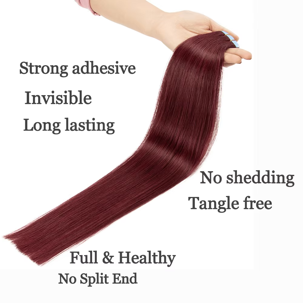 Extensions de cheveux humains lisses bordeaux 99J à bandes adhésives 50G - 100%