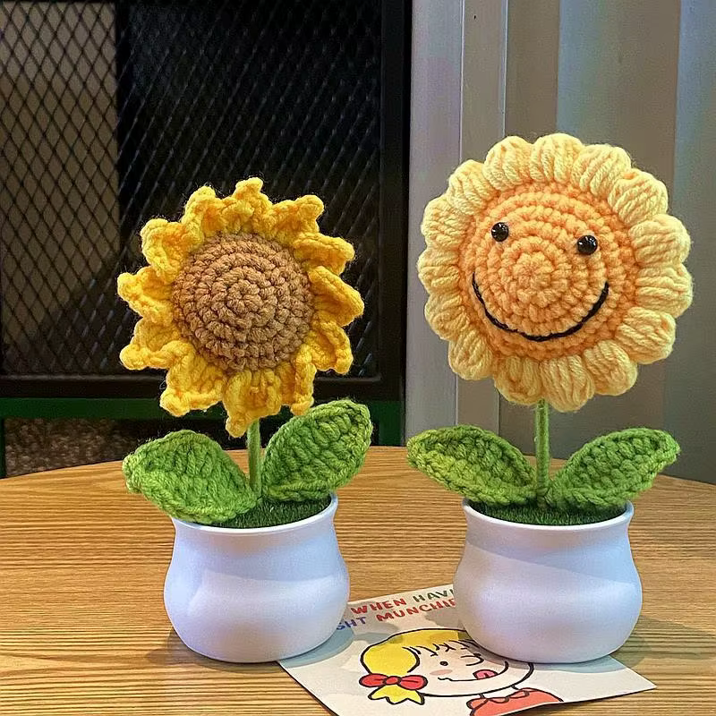 Fleur artificielle au Crochet de tournesol tissée à la main, plantes au Crochet finies, cadeaux d'invité de mariage, décoration de bureau