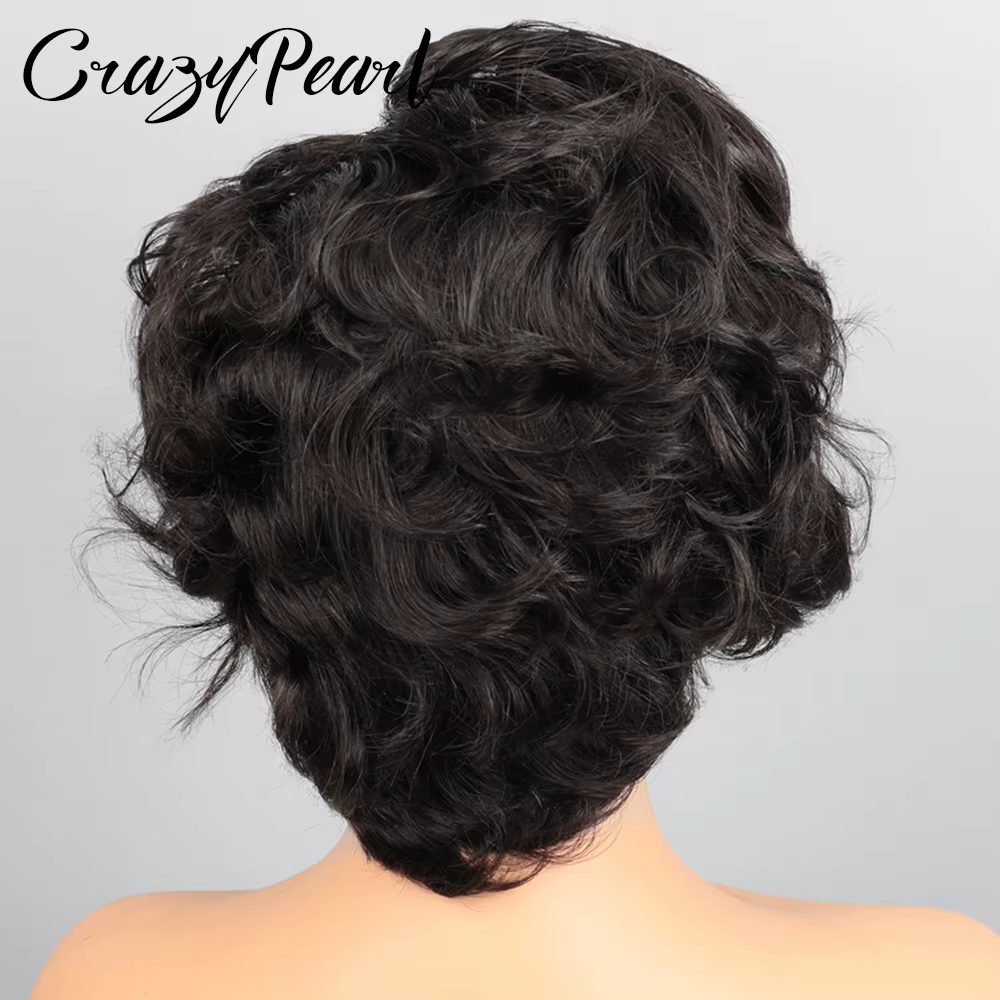 Perruque Lace Frontale CrazyPearl 13X4 Coupe Pixie Cheveux Humains Courts Bouclés Noirs Brésiliens Remy Ligne