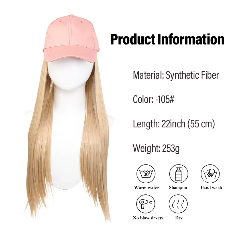 Casquette de baseball rose tendance avec perruque synthétique à cheveux blonds longs – Légère