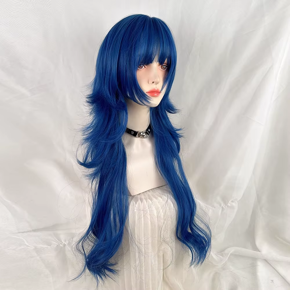 Perruque synthétique longue ondulée bleue avec tête de méduse