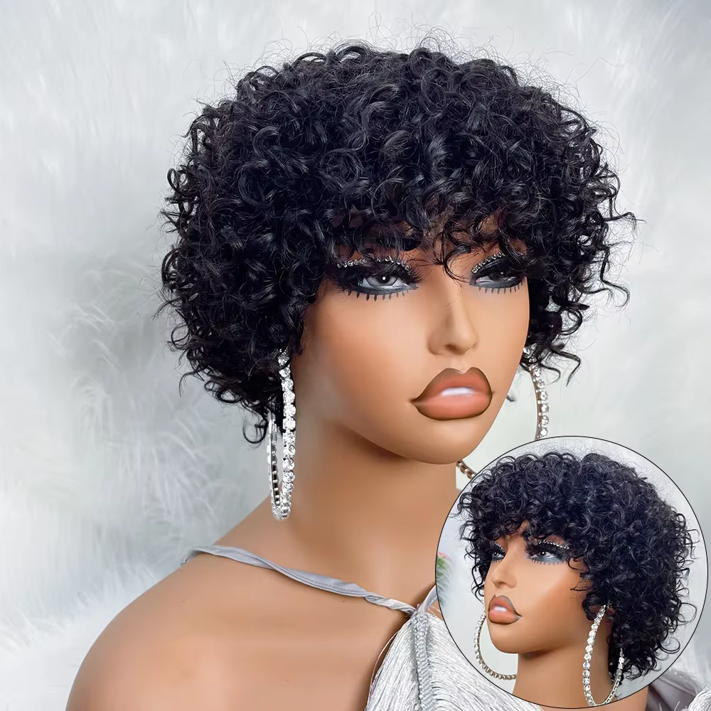 Perruques de cheveux humains coupe lutin pour femmes Afro Rose bouclés Funmi