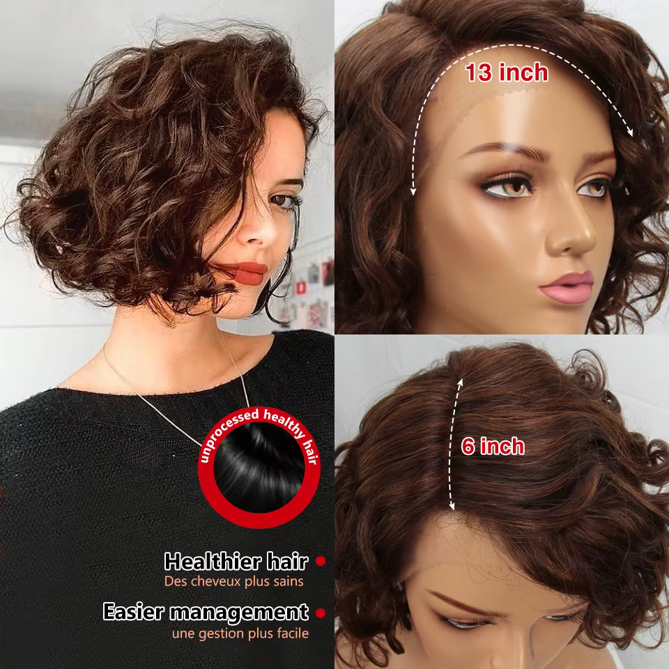 Perruque Courte Bob Bouclée et Volumineuse en Cheveux Humains