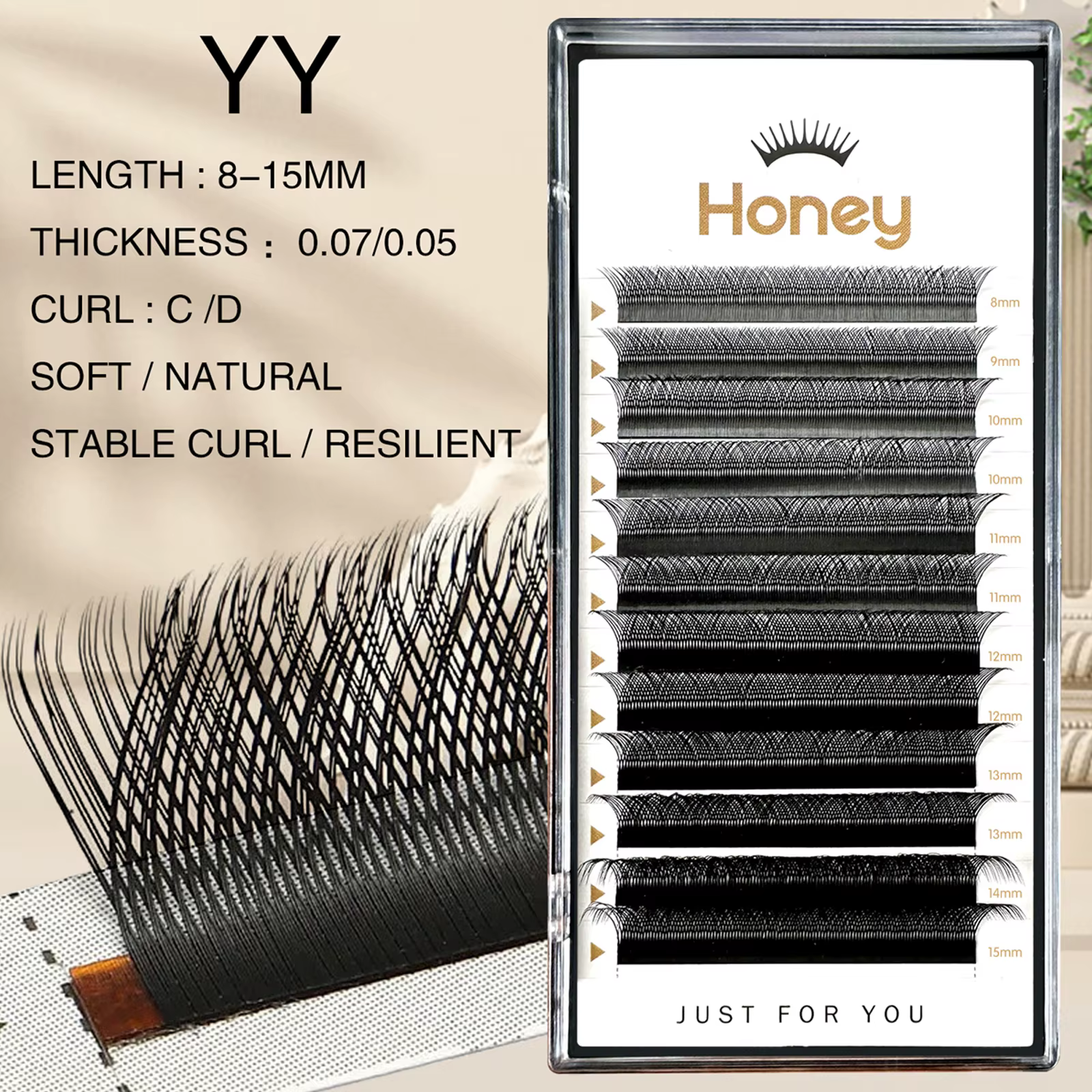 Extensions de cils en forme de YY, cils au miel, noir mat, 0.05 0.07 8-15mm