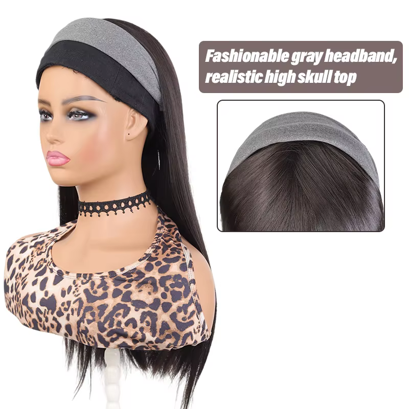 Demi-perruque tendance pour femme avec bandeau gris et cheveux synthétiques longs et raides