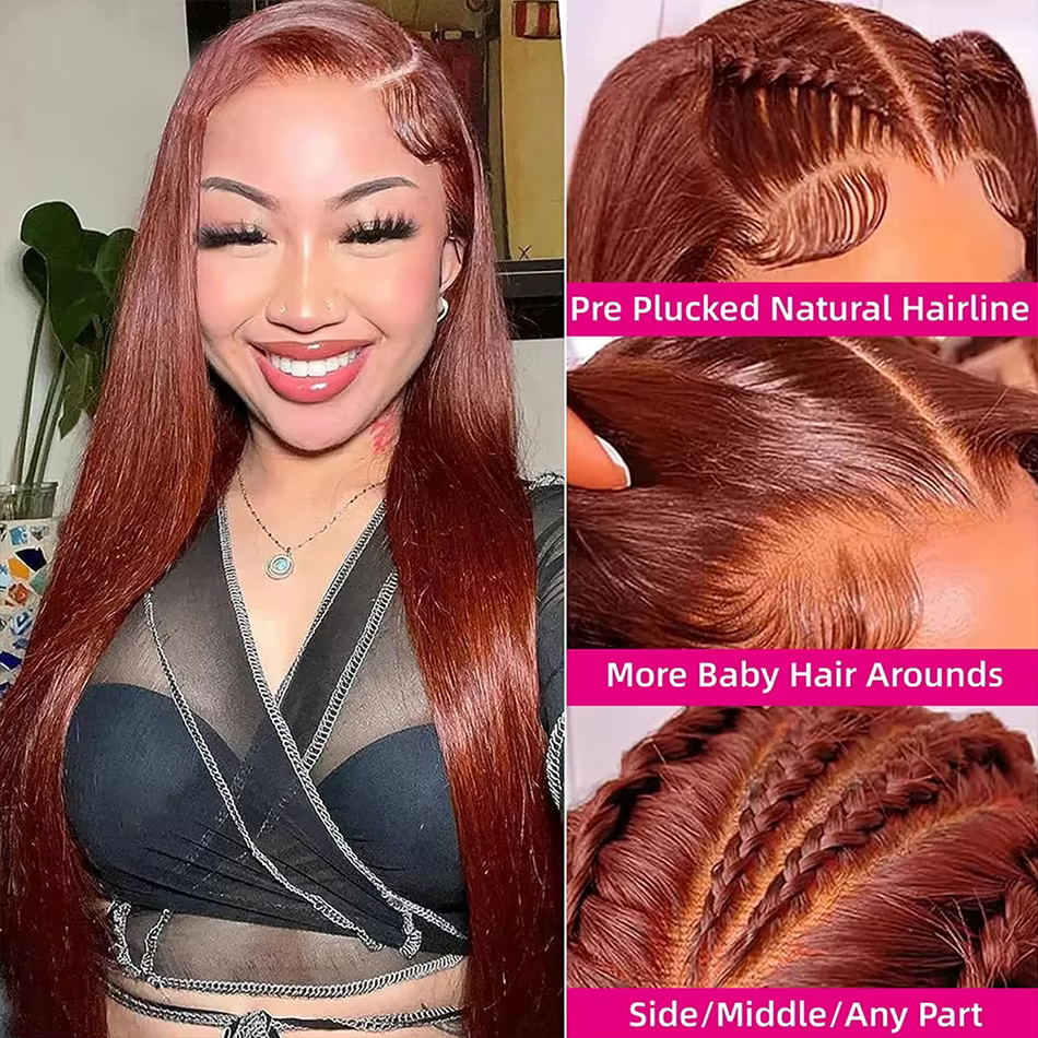 Perruque Lace Frontal Wig brésilienne naturelle, cheveux lisses, brun rougeâtre, 13x4, sans colle, HD, 30 34 pouces, en Promotion, pour femmes