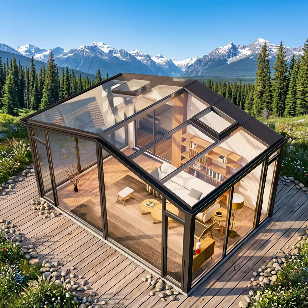 Verrière moderne à toit incliné en aluminium et verre, double vitrage isolant, pour villa, patio et jardin