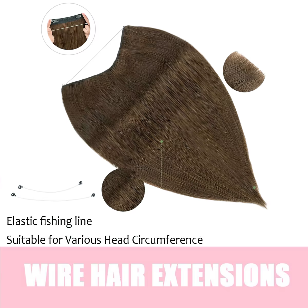 Extensions de cheveux 100% naturels, type fil de pêche, avec bande ajustable et clips discrets, extensions Remy pour femmes, couleur brun chocolat
