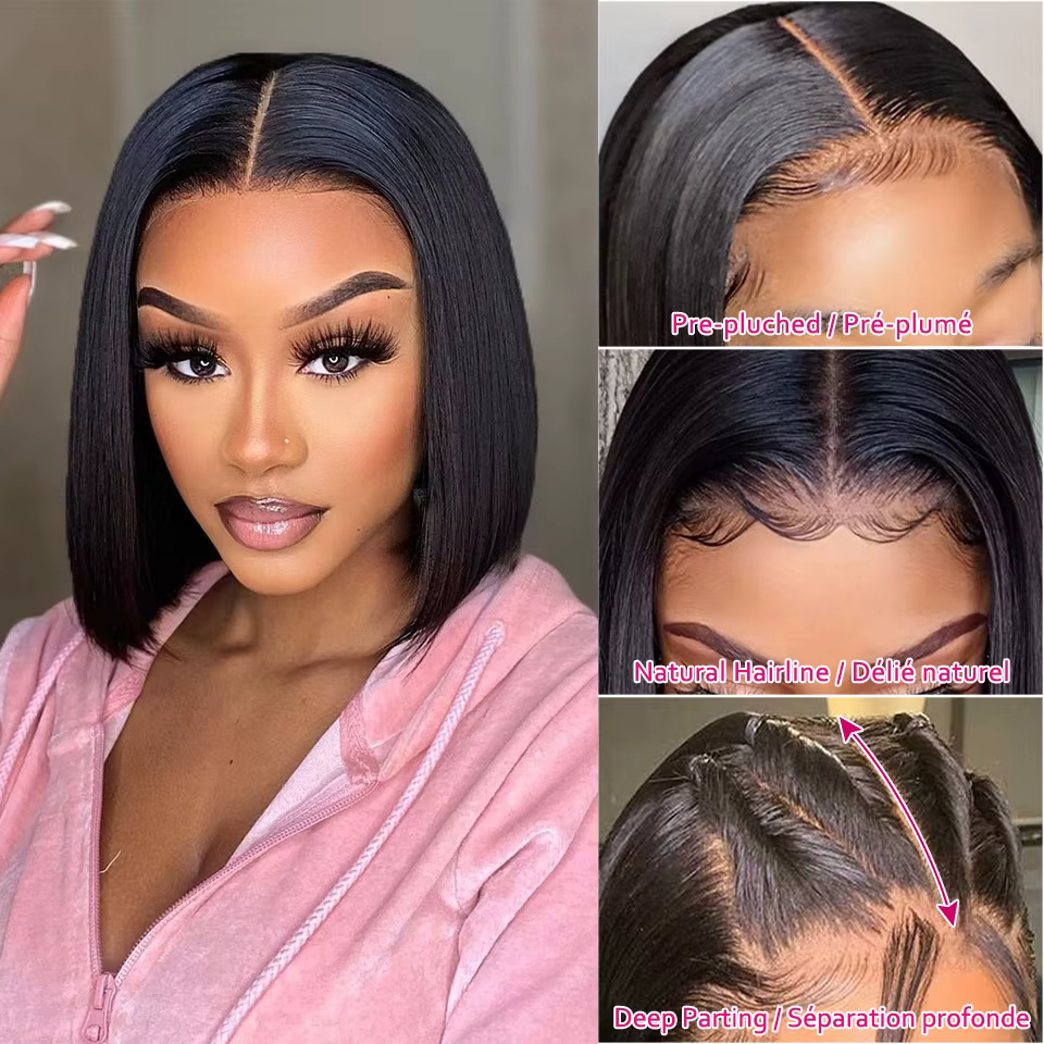 Perruque Bob courte transparente dentelle frontale perruques cheveux humains 100% droite Bob
