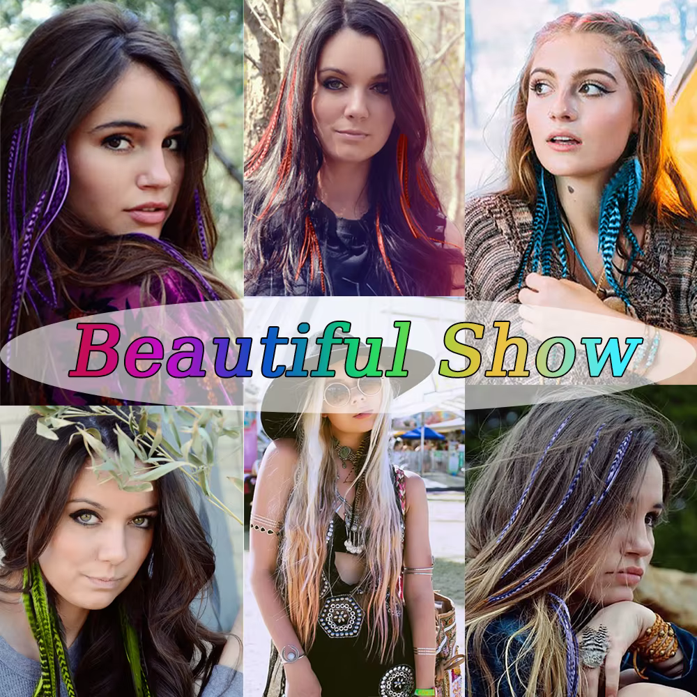 Extensions de cheveux synthétiques colorées à rayures en plumes
