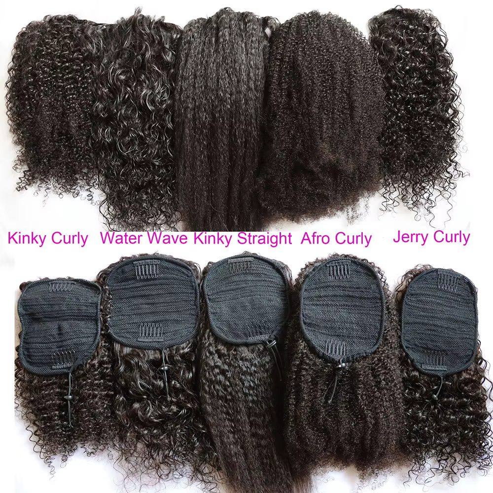 Extensions de cheveux humains dessiner des queues de cheval Jerry Afro crépus bouclés vierge pince