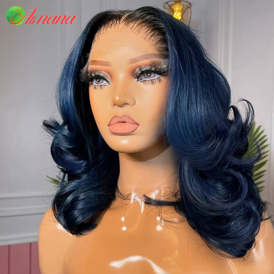Bleu avec racine couleur courte Bob perruque 13x4 dentelle frontale perruques 200% densité ondulée cheveux humains perruques pour les femmes vague de corps coiffure