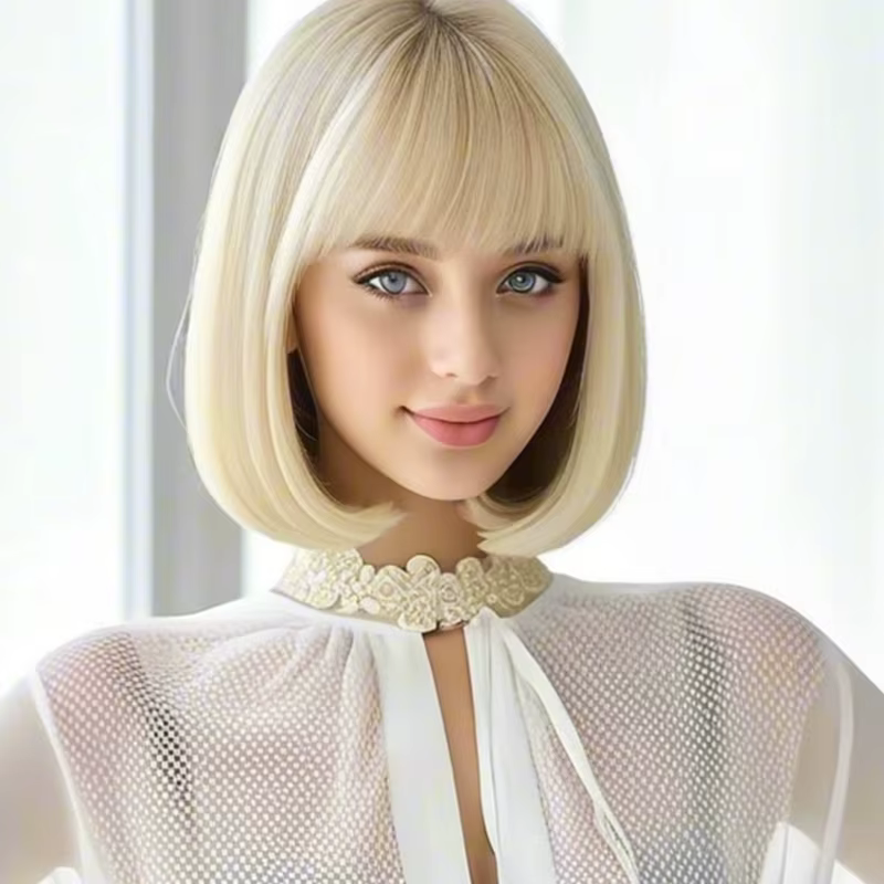 Perruque synthétique à frange blonde pour femmes