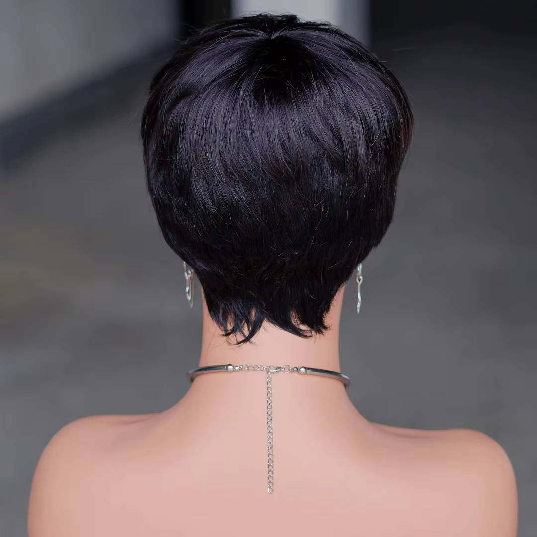 Perruque synthétique courte noire naturelle de style pixie