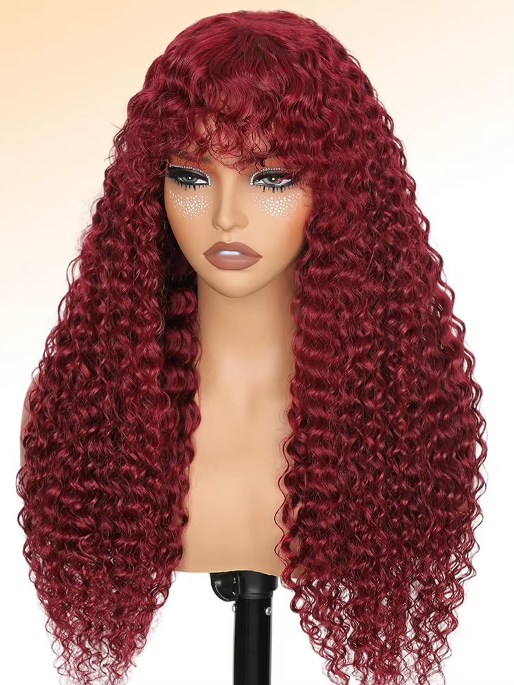 Perruque bouclée bordeaux 99J avec frange, cheveux naturels brésiliens, vague d'eau, densité 200, sans colle, couleur rouge, pour femmes