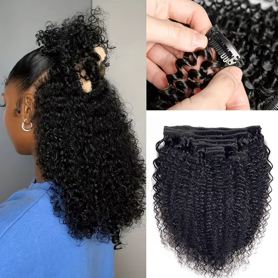 Extensions de cheveux bouclés crépus à clipser 3C 4A Afro Kinky Curly Clip-Ins