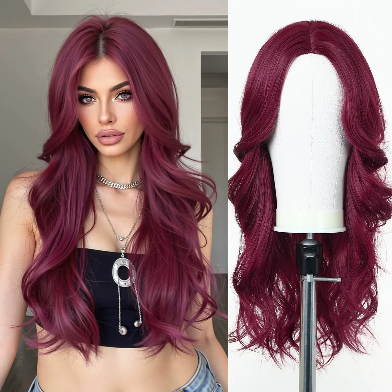 Perruque synthétique couleur vin rouge avec grandes boucles pour fête