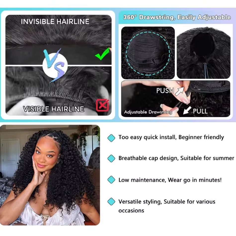 Perruque mi-tête Water Wave 3-en-1 en cheveux humains