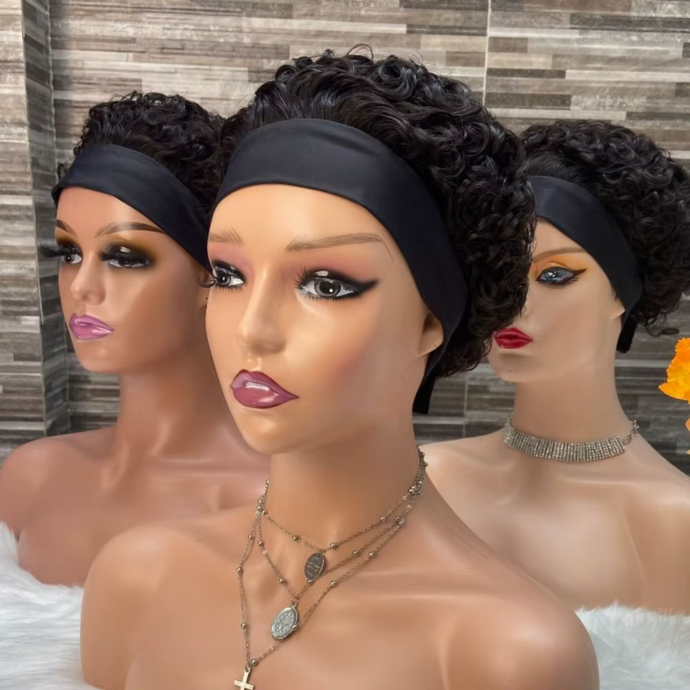 Perruque bouclée coupe lutin avec bandeau de cheveux humains colorés pour femmes