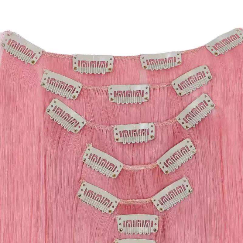7 Clips dans les Extensions de cheveux longue coiffure droite rose 60CM
