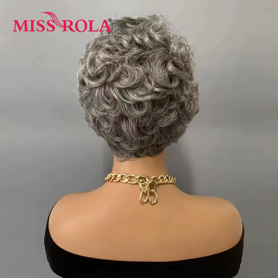 Miss Rola ondulé coupe lutin perruques 100% cheveux humains entièrement fait à la Machine gris et noir mettre en évidence perruque avec frange brésilienne Remy vagues
