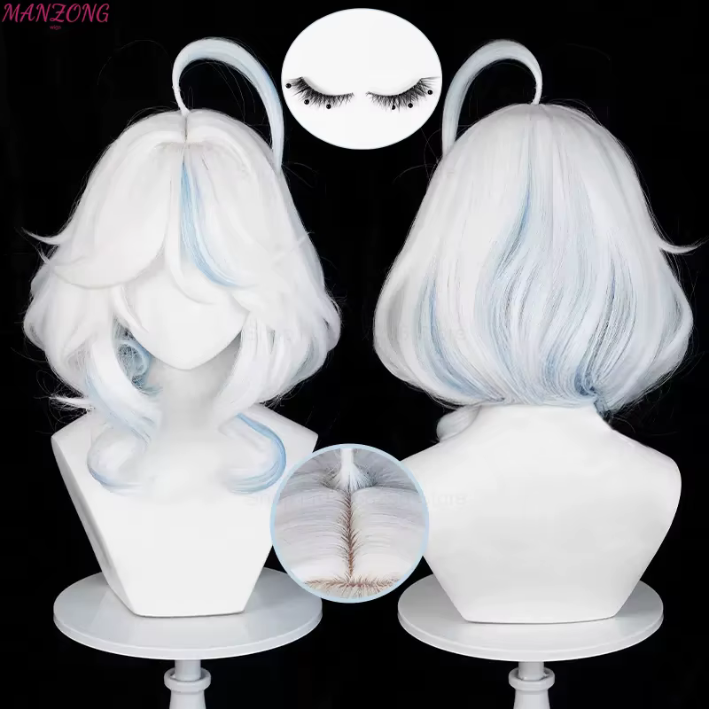 Furina perruque courte Focalors Cosplay perruque courte argent blanc bleu perruque Cosplay Anime Cosplay perruques résistant à la chaleur synthétique + bonnet de perruque