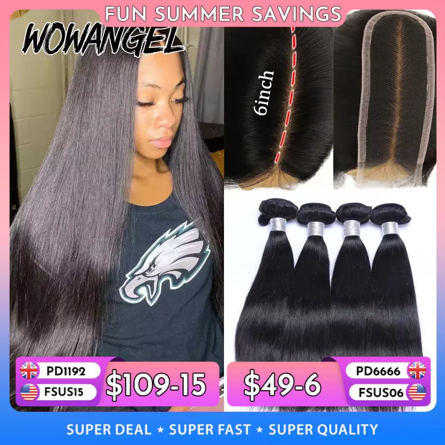 Wow Angel 2x6 HD dentelle fermeture avec paquets cheveux humains raie profonde fondu peaux 30 32 pouces brésilien Extens