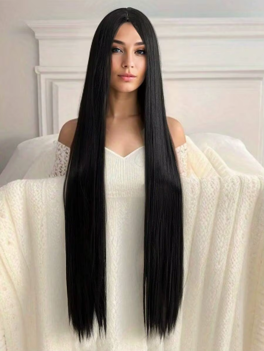 Perruque synthétique noire super longue de 40 pouces pour femme avec cheveux longs et raides sans frange au milieu convient à la partie d'Halloween