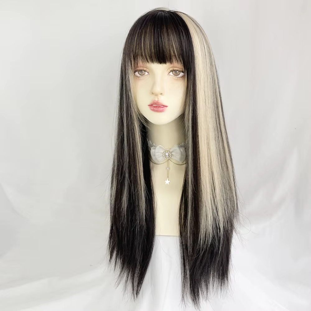 Perruque Synthétique Longue et Lisse avec Frange pour Femme