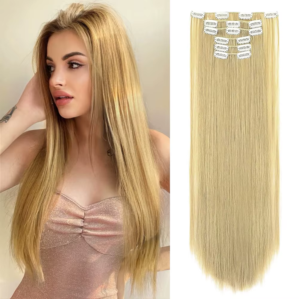 Extensions de cheveux synthétiques noirs 24 "/60cm 140g 6 pièces/ensemble femmes longue ligne droite pleine tête pince 16 Clips Ombre fibre résistante à la chaleur