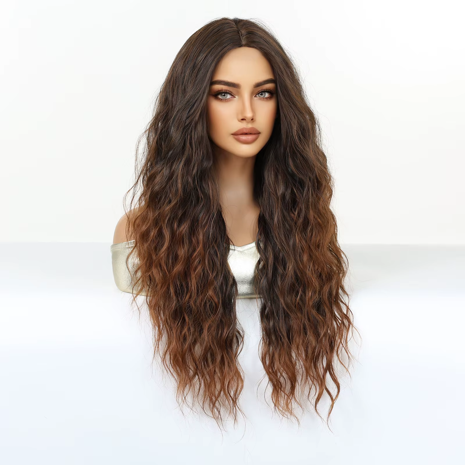 Perruque synthétique bouclée ombrée brun blond pour femmes, raie au milieu, longue, volumineuse, résistante à la chaleur, pour tous les jours, fête, cosplay
