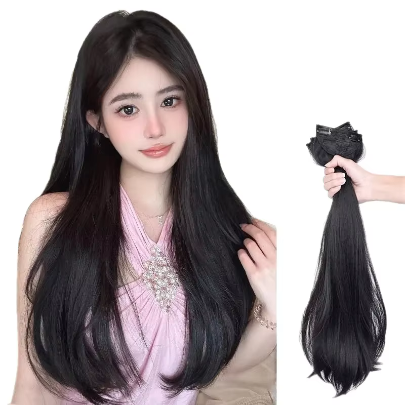Extensions de perruque trois pièces cheveux longs et raides réalistes pour femmes