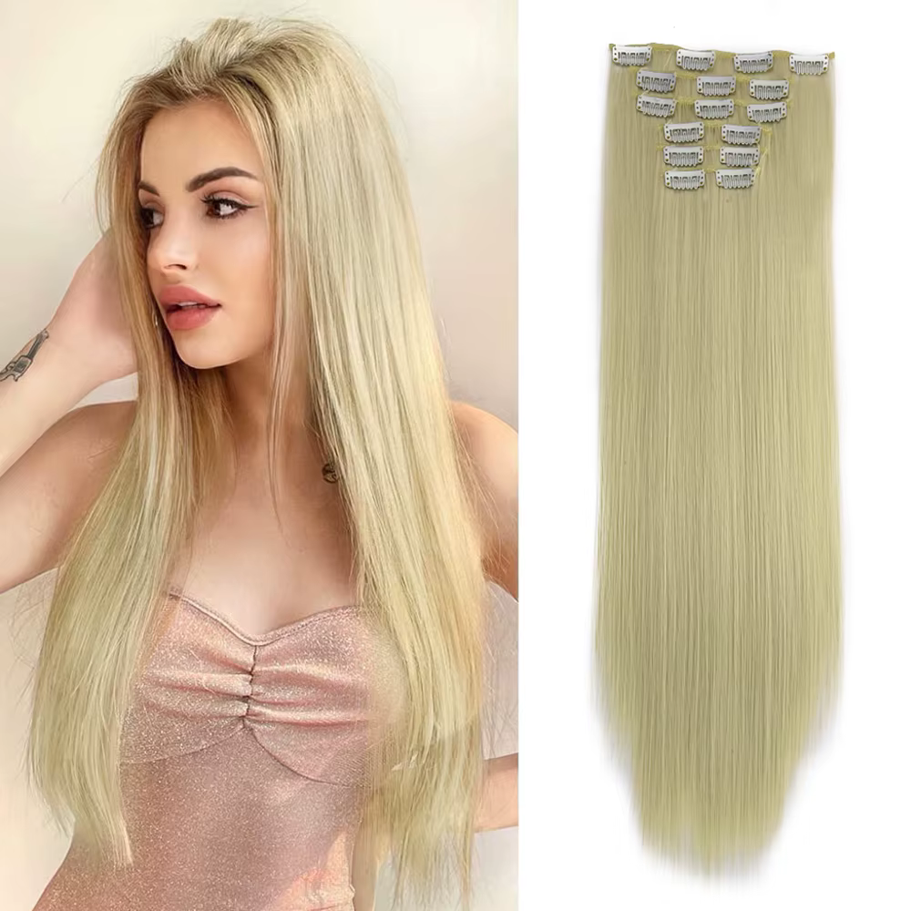 Extensions de cheveux synthétiques noirs 24 "/60cm 140g 6 pièces/ensemble femmes longue ligne droite pleine tête pince 16 Clips Ombre fibre résistante à la chaleur